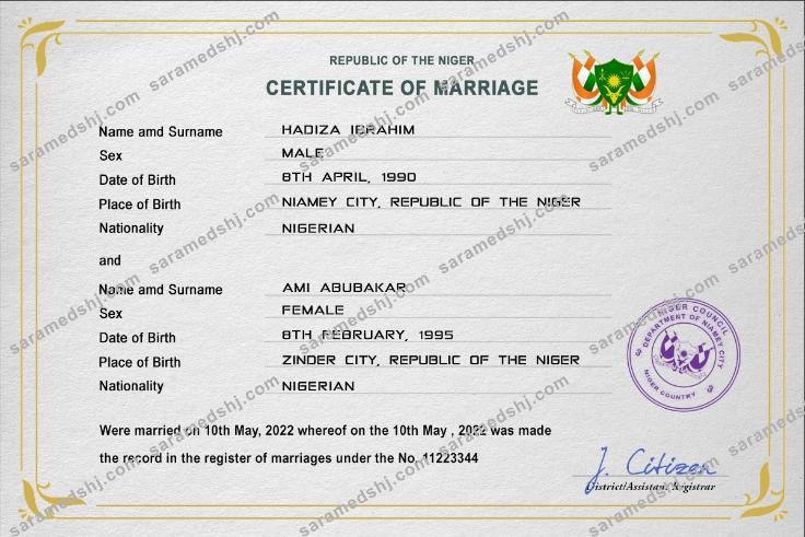 Niger marriage certificate PSD template